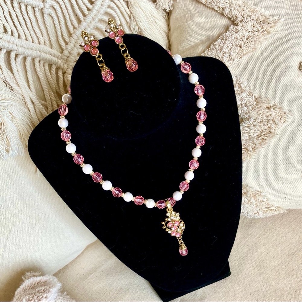 Pearl & Pink Necklace and Earrings Set from India